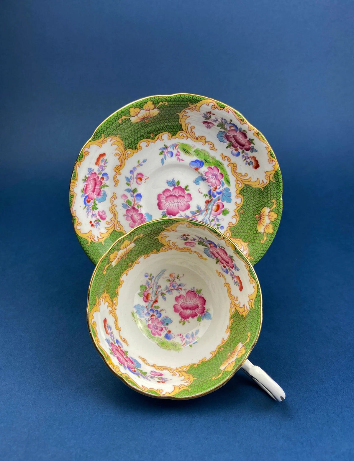 Staffordshire Green, Gold & Pink Tea Trio