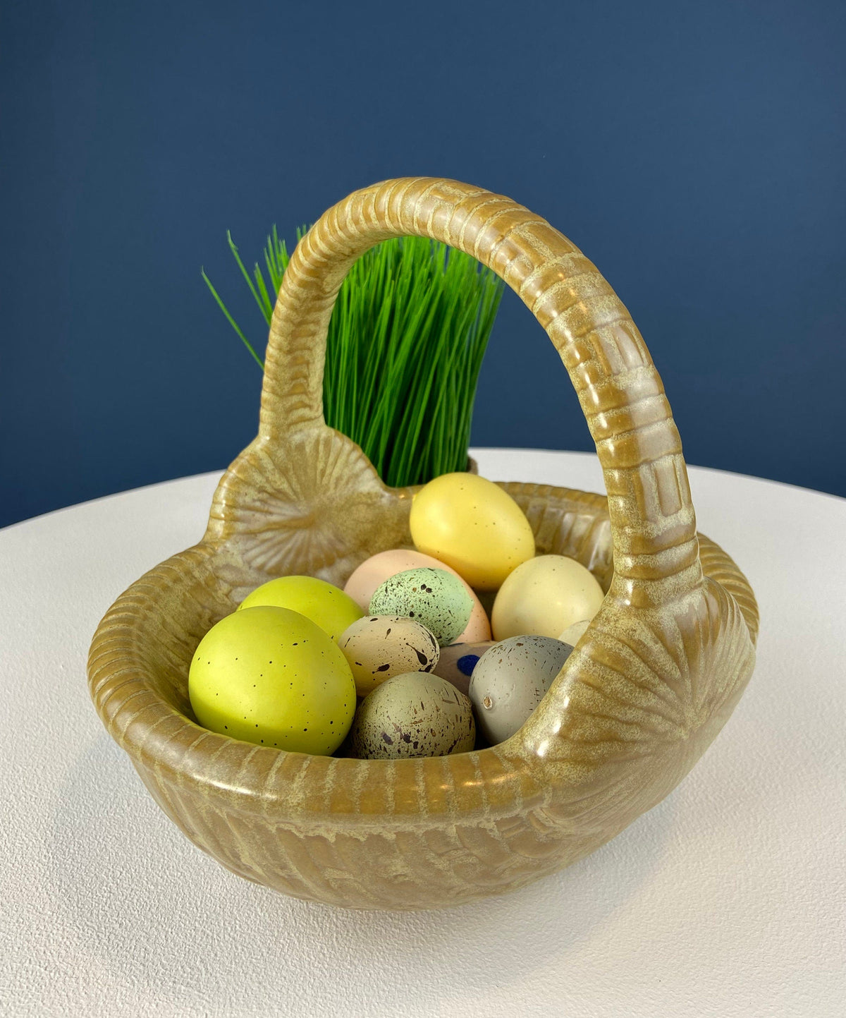 Gold-Brown Ceramic Wicker-Look Egg Basket