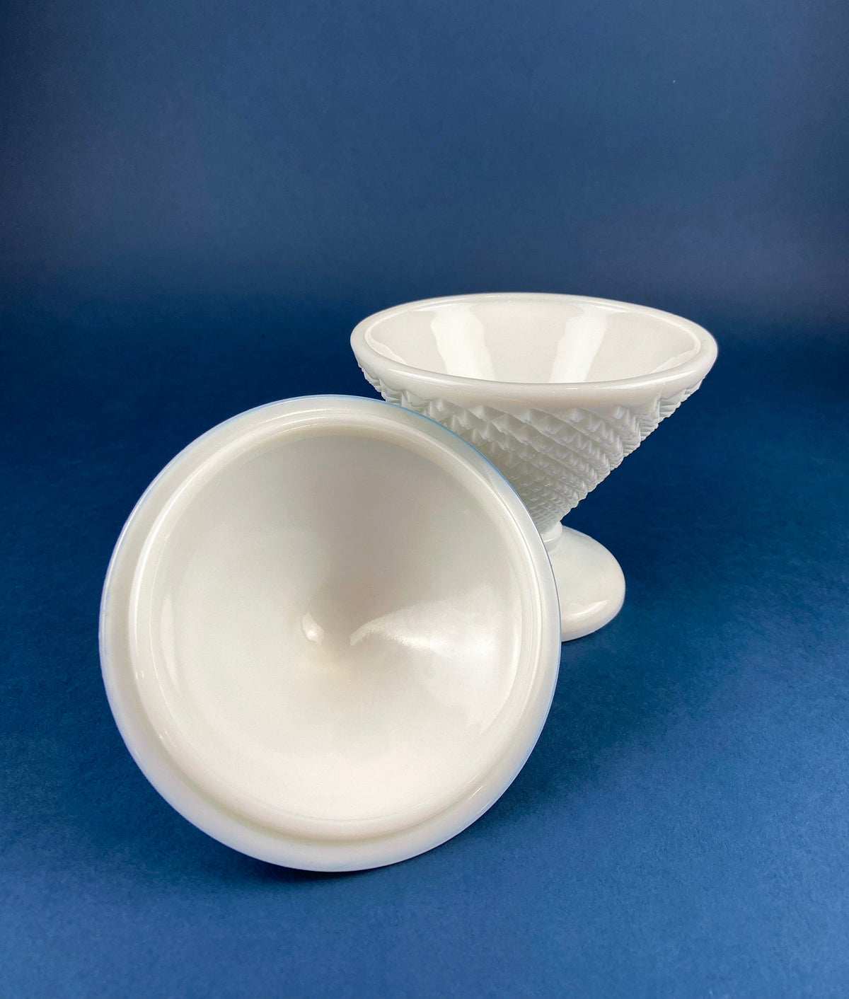 Diamond-Pattern Milk Glass Covered Compote