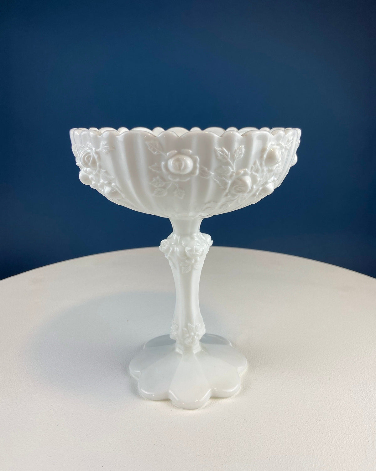 Milk Glass Footed Bowl with 3D Roses
