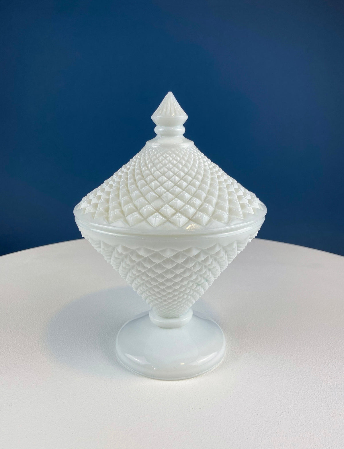 Diamond-Pattern Milk Glass Covered Compote