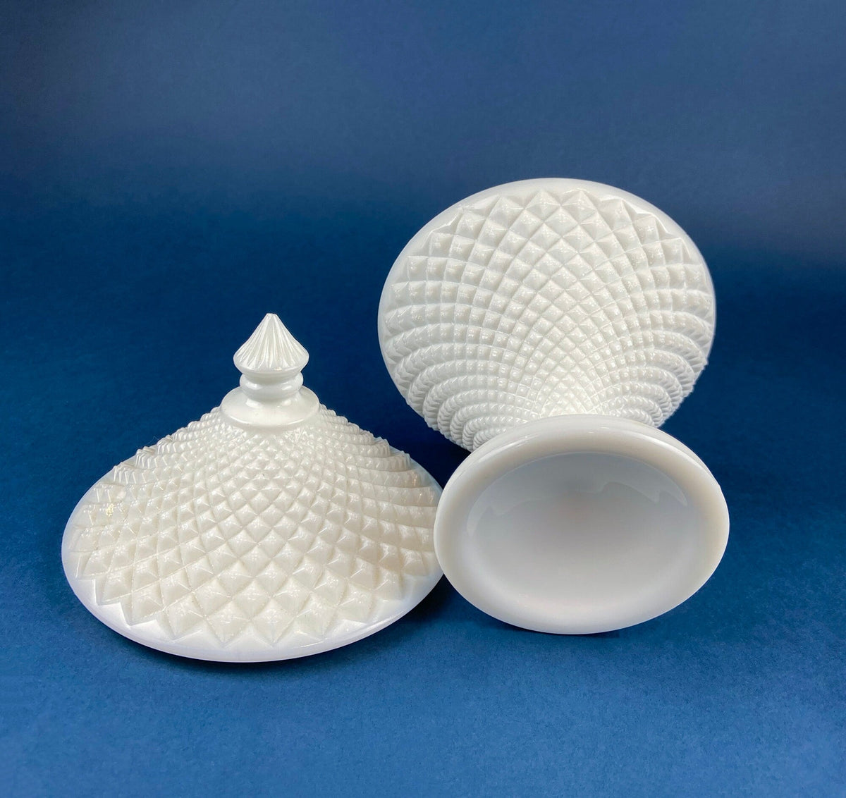 Diamond-Pattern Milk Glass Covered Compote