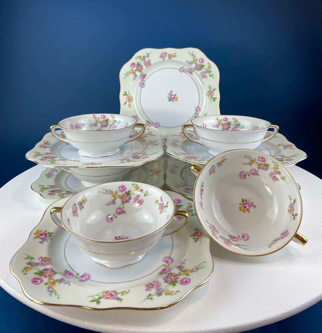 Noritake Allison Gold Band Soup Bowls & Saucers, Set of 7