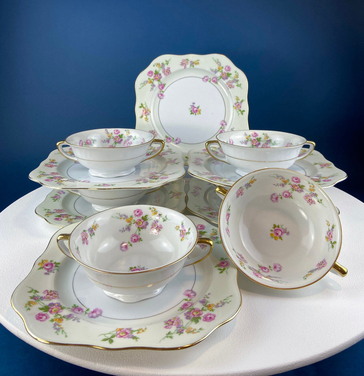 Noritake Allison Gold Band Soup Bowls & Saucers, Set of 7