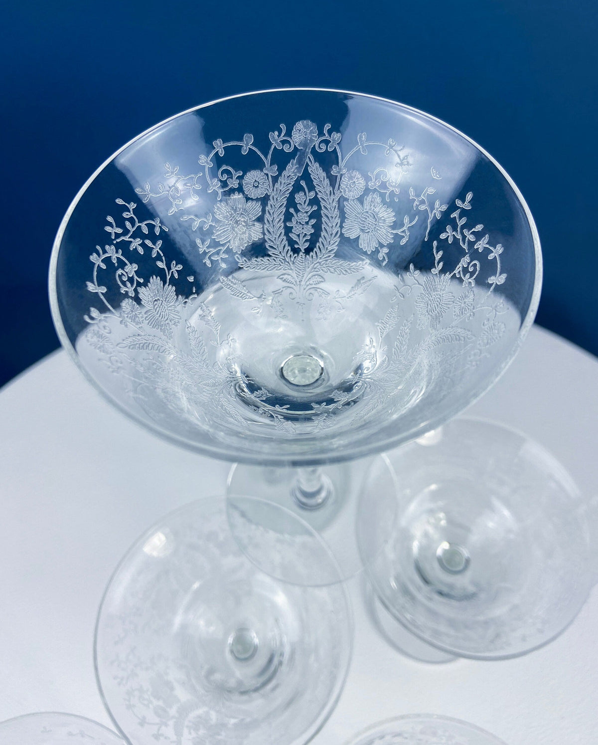 New Martinsville Prelude Etched Champagne Glasses, Set of 7