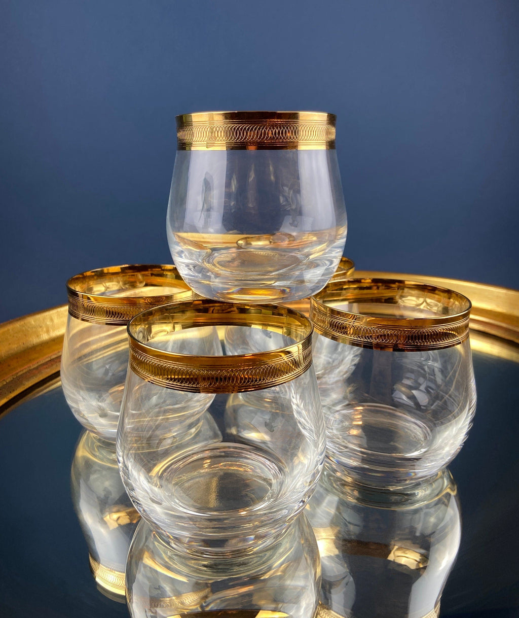 Gold-Rim Engraved Whiskey Glasses, Set of 5