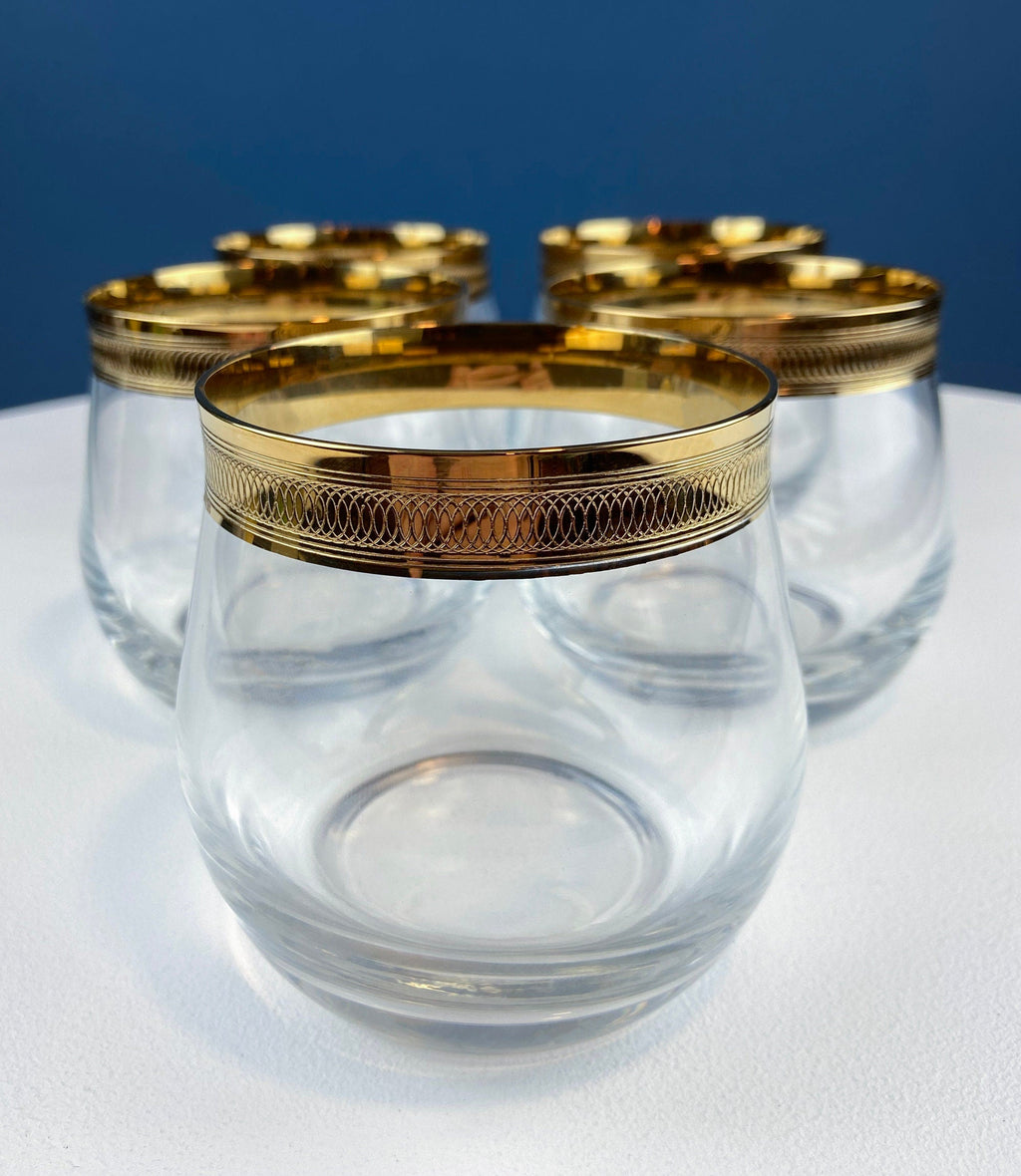 Gold-Rim Engraved Whiskey Glasses, Set of 5