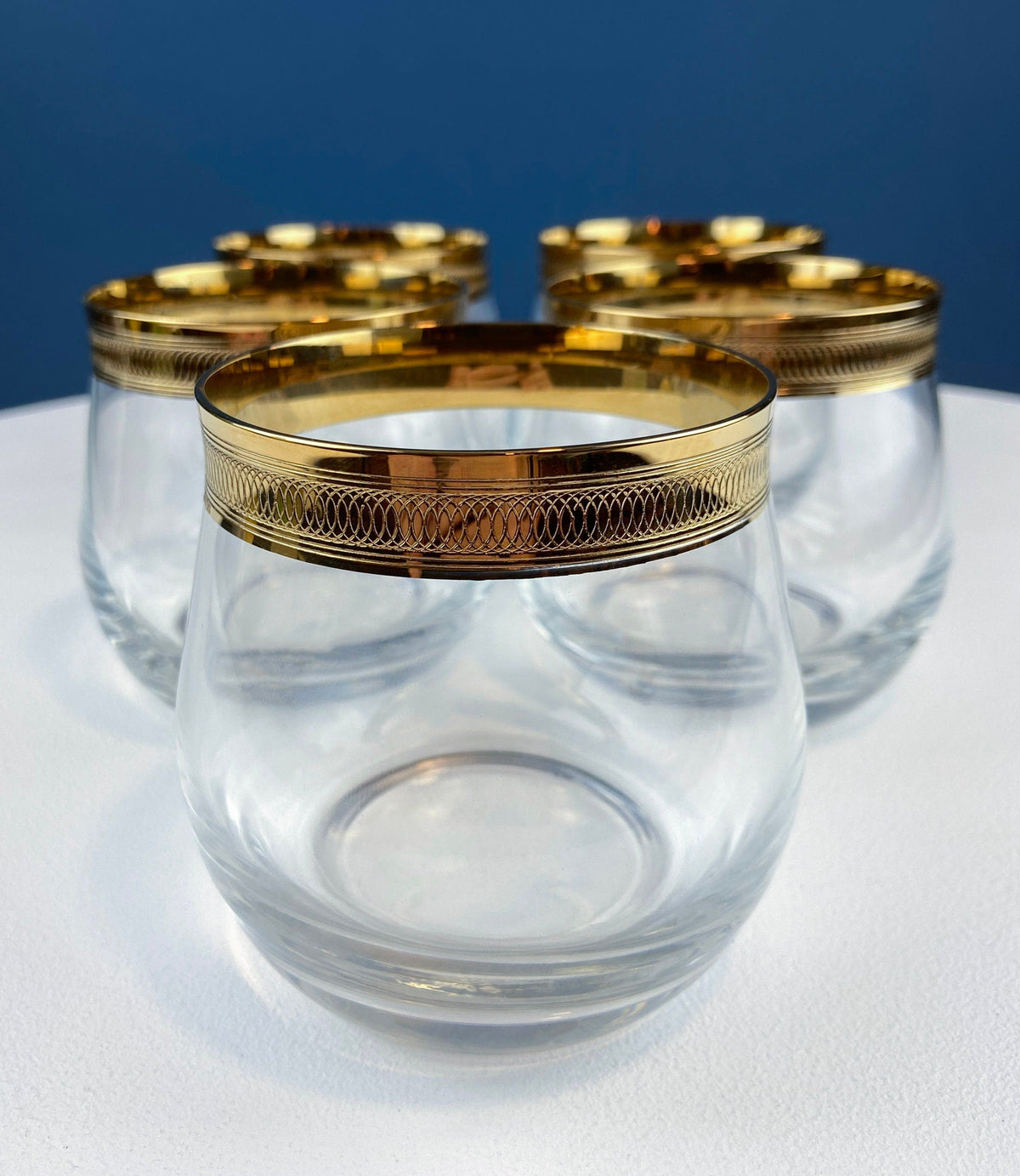 Gold-Rim Engraved Whiskey Glasses, Set of 5