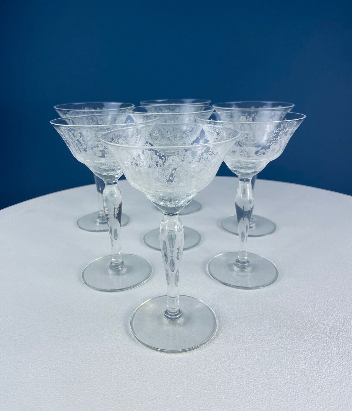 New Martinsville Prelude Etched Champagne Glasses, Set of 7