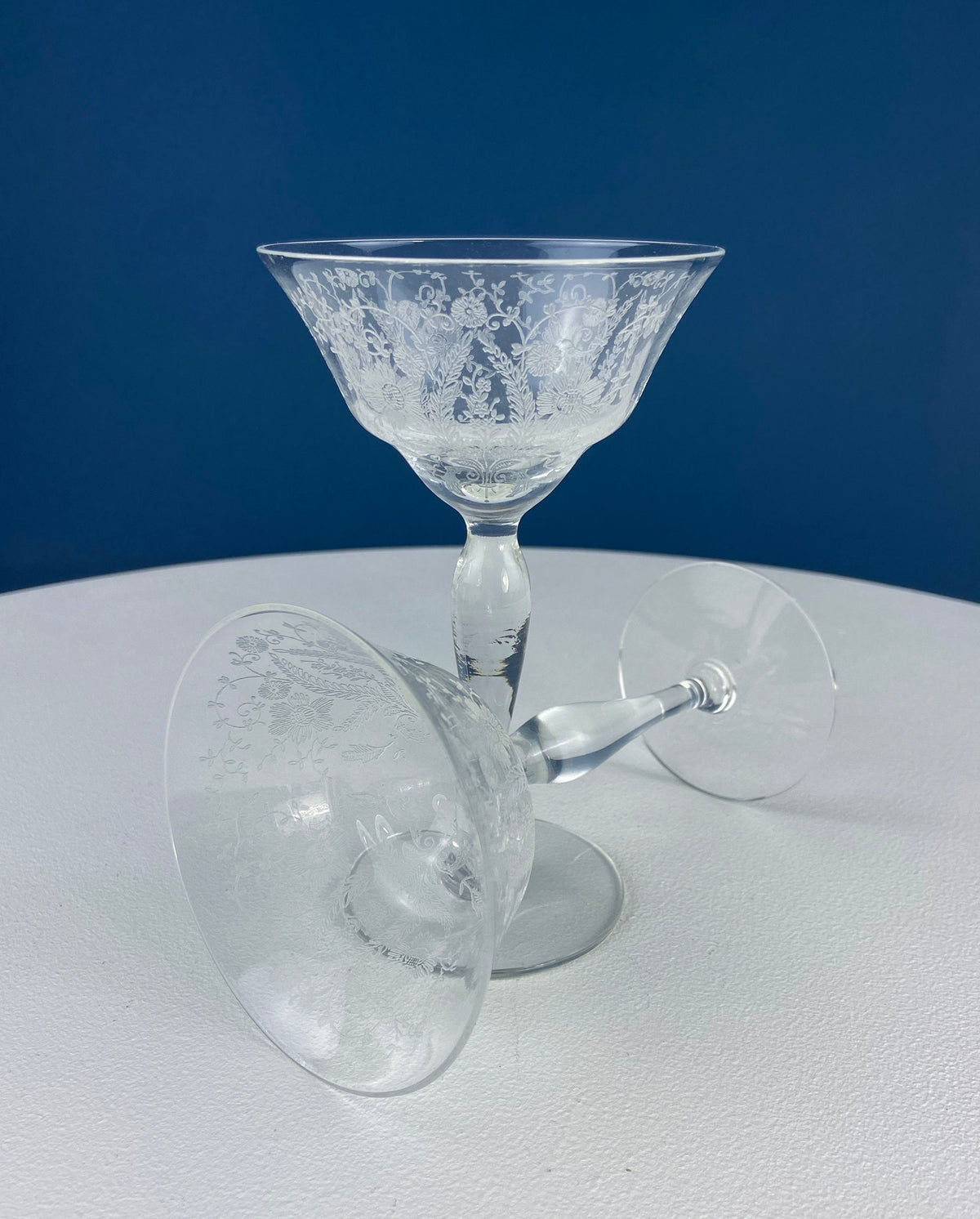 New Martinsville Prelude Etched Champagne Glasses, Set of 7