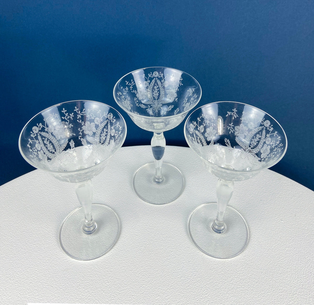New Martinsville Prelude Etched Champagne Glasses, Set of 7