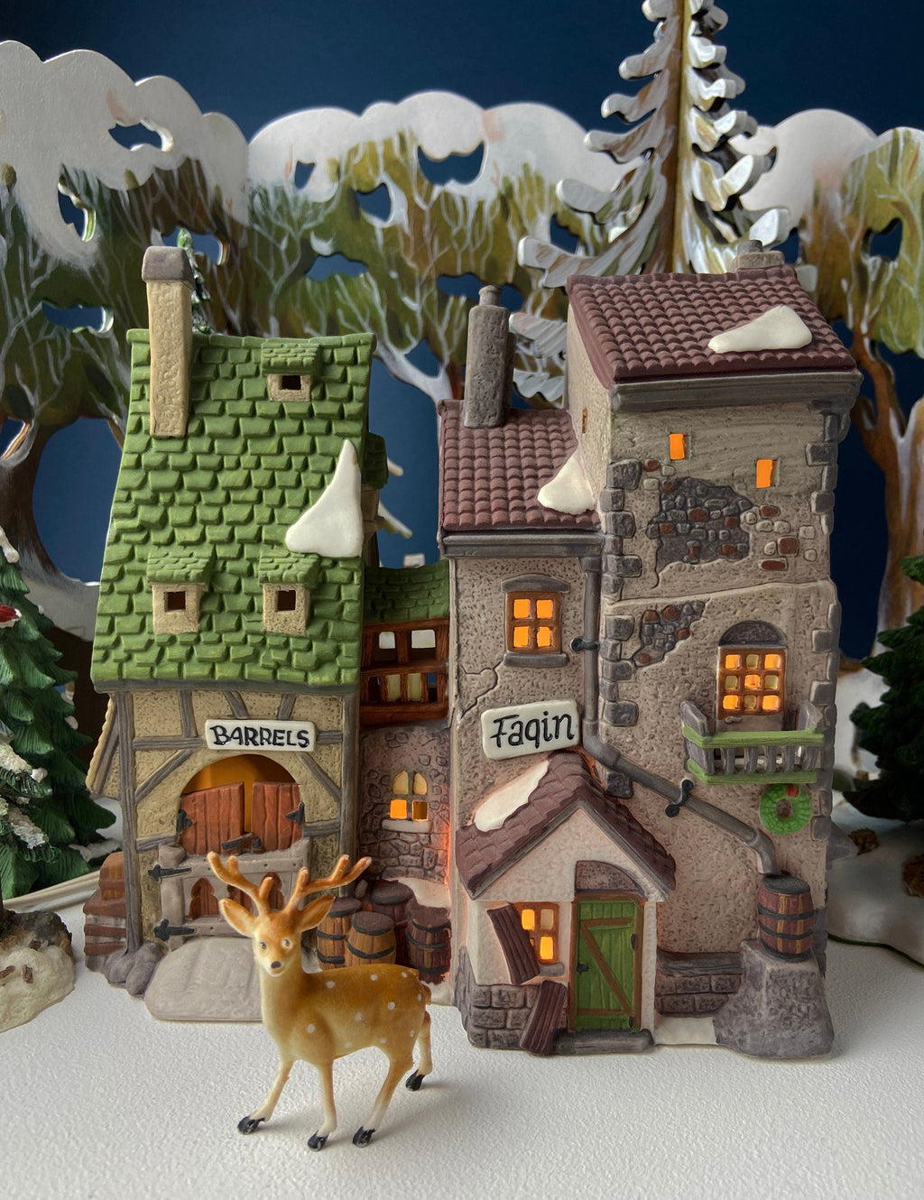 Lighted Porcelain Red Victorian with Green Roof