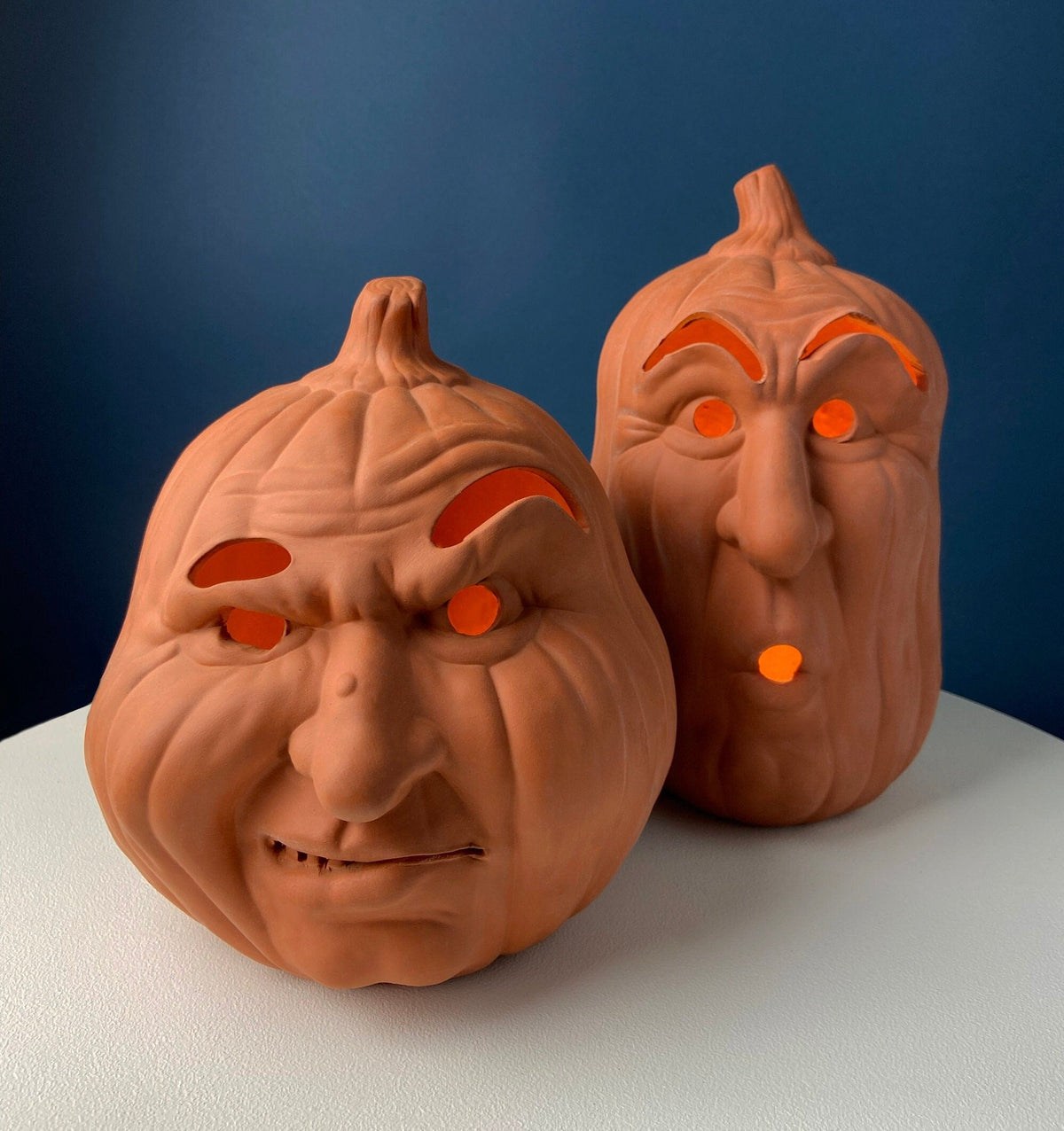 Clay Jack-O-Lanterns with Light Kits, Pair