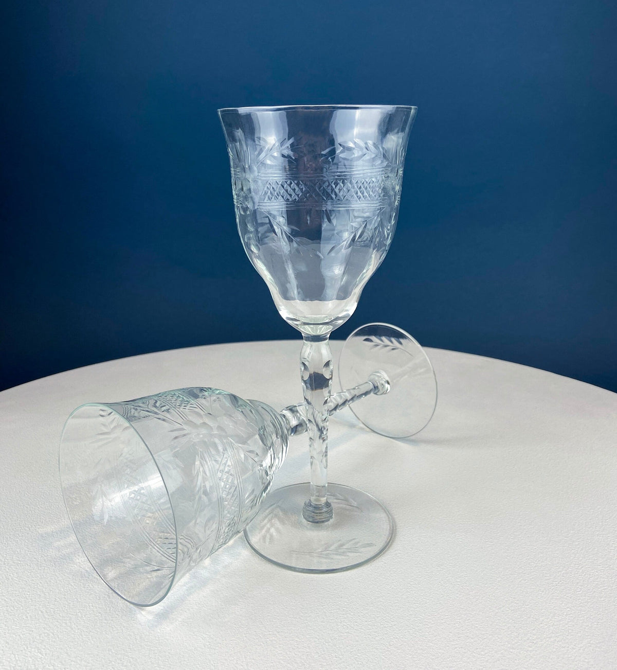 Floral-Cut Blown Glass Goblets, Set of 8