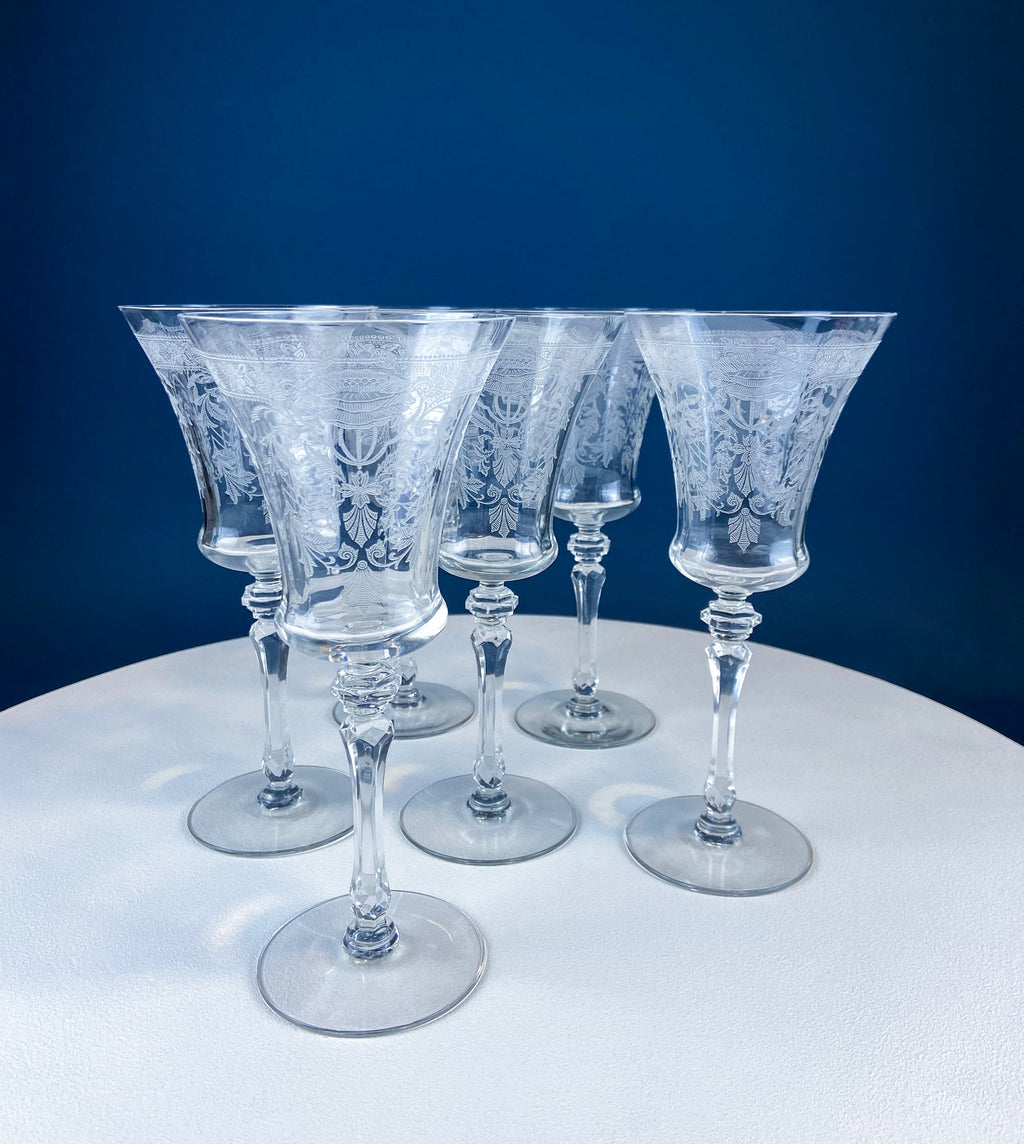 Tiffin Franciscan Mayfield Etched Poppy Goblets, Set of 7