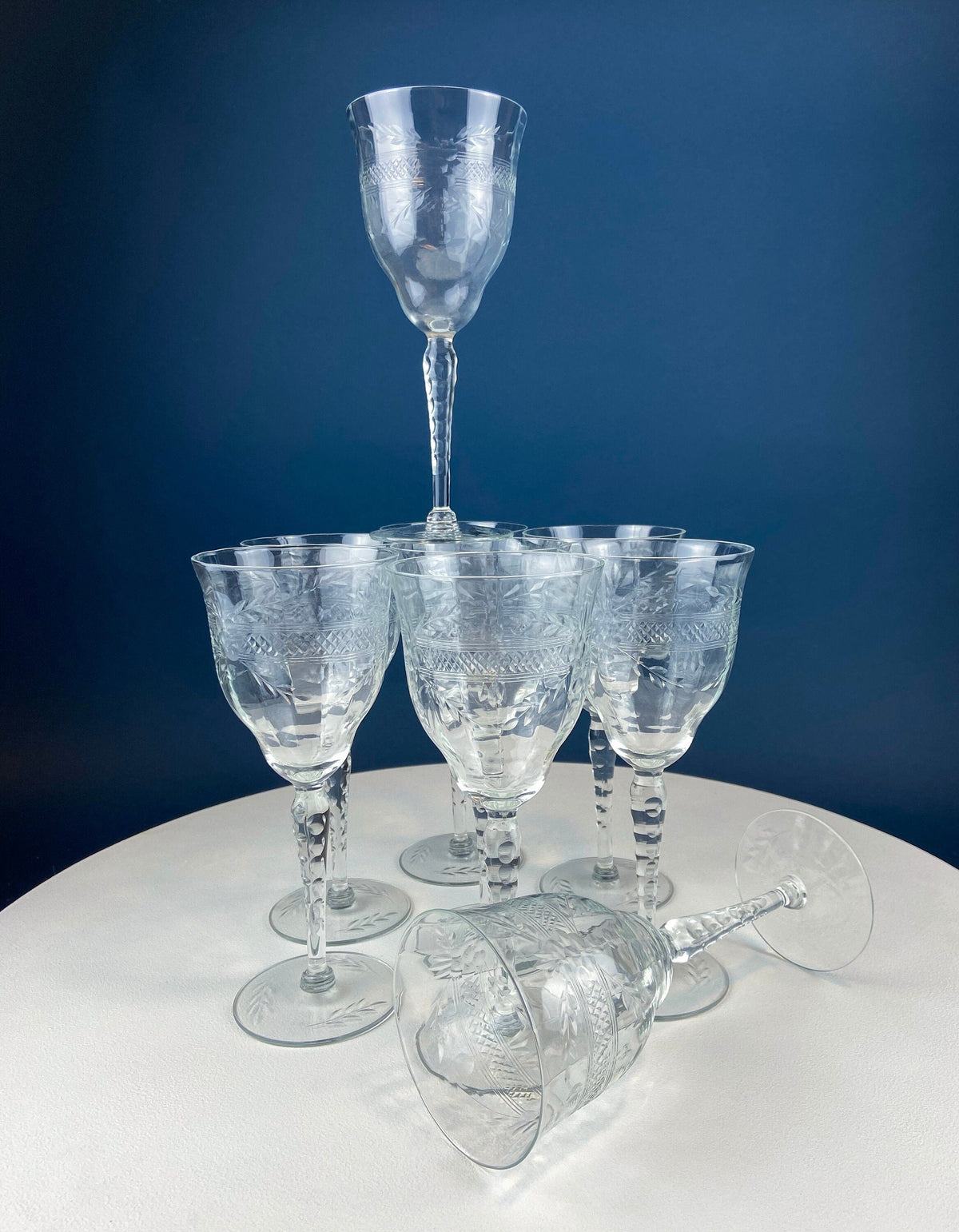 Floral-Cut Blown Glass Goblets, Set of 8