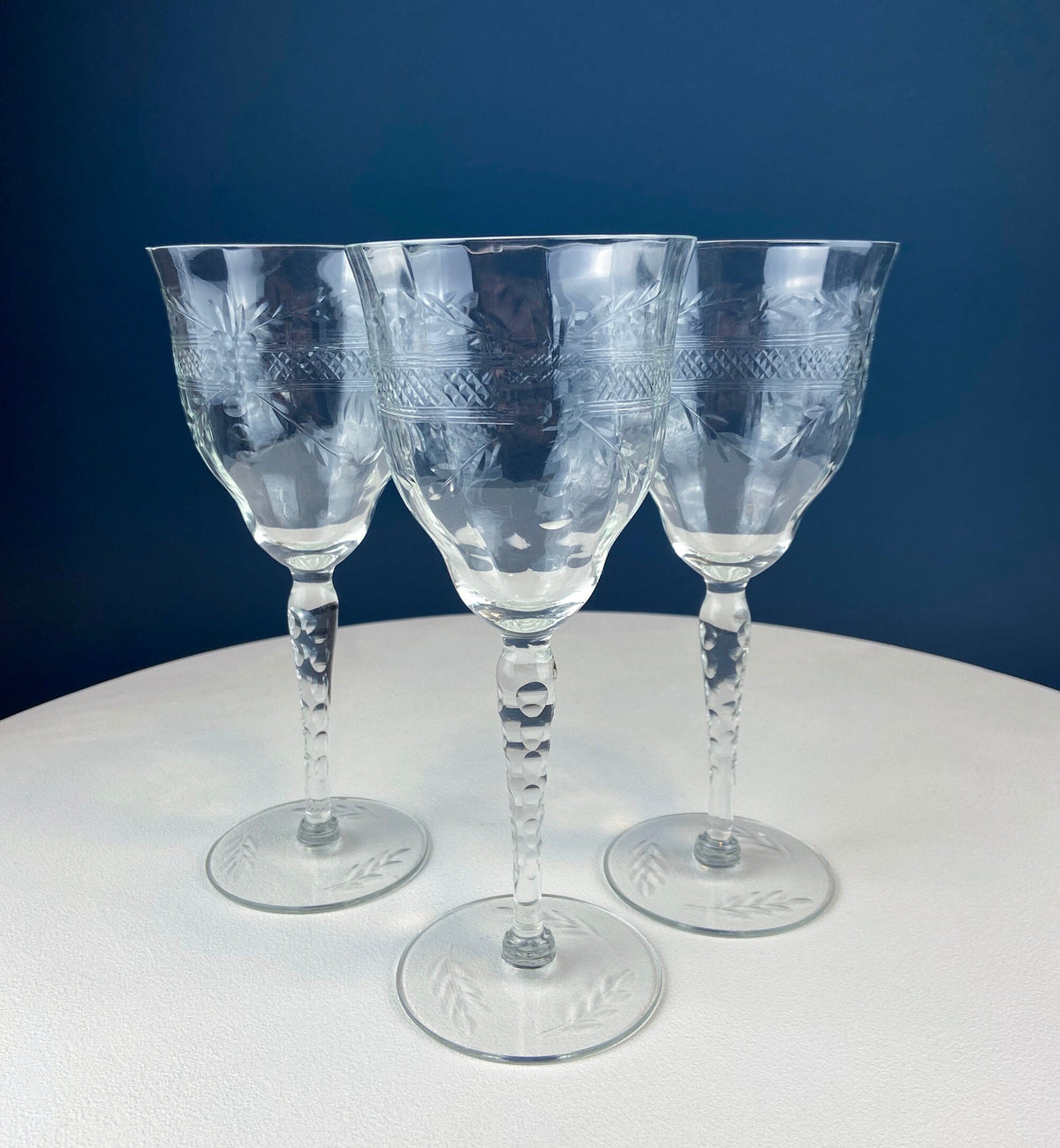 Floral-Cut Blown Glass Goblets, Set of 8