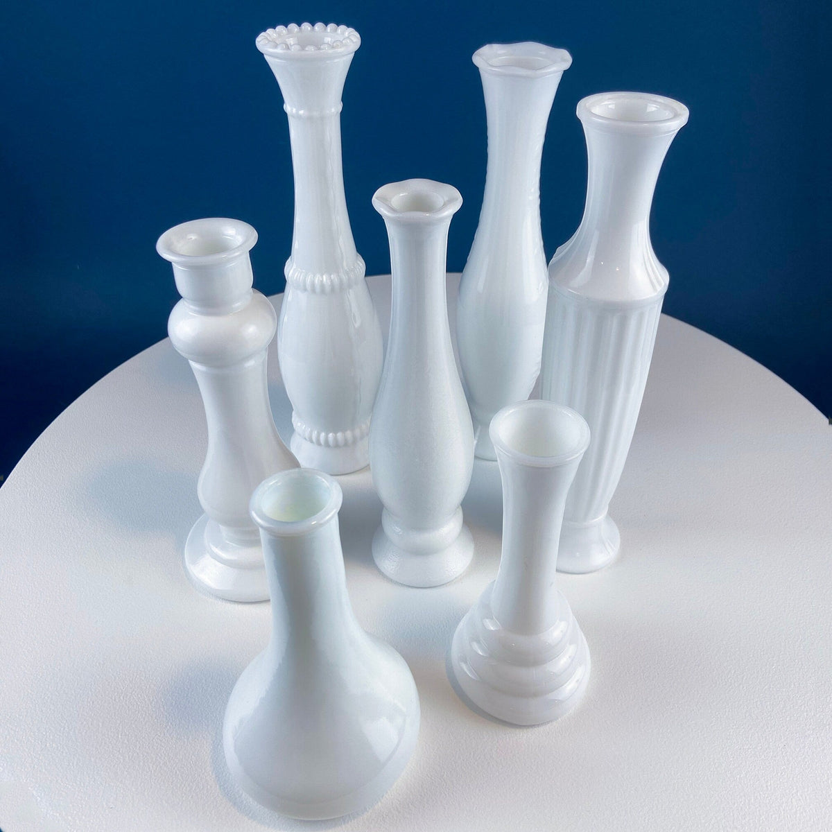 Milk Glass Vases, Set of 7