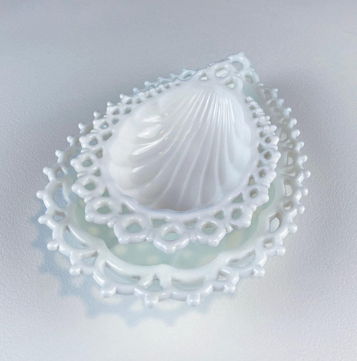 Milk Glass Teardrop Dishes with Lacy Brim, Pair