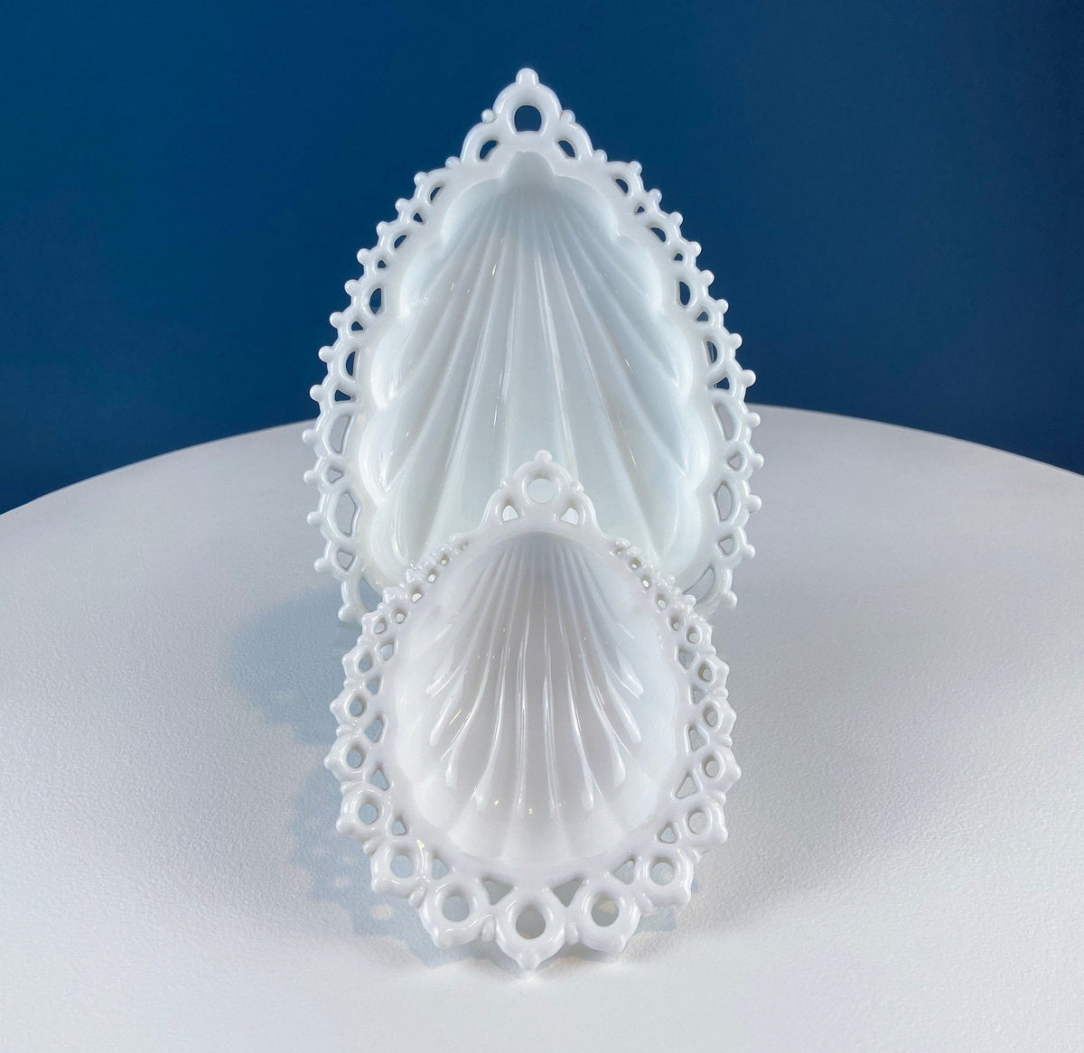 Milk Glass Teardrop Dishes with Lacy Brim, Pair