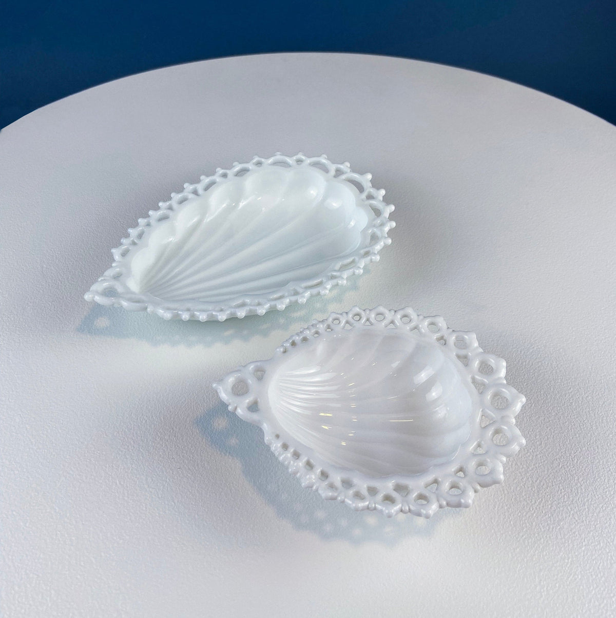 Milk Glass Teardrop Dishes with Lacy Brim, Pair
