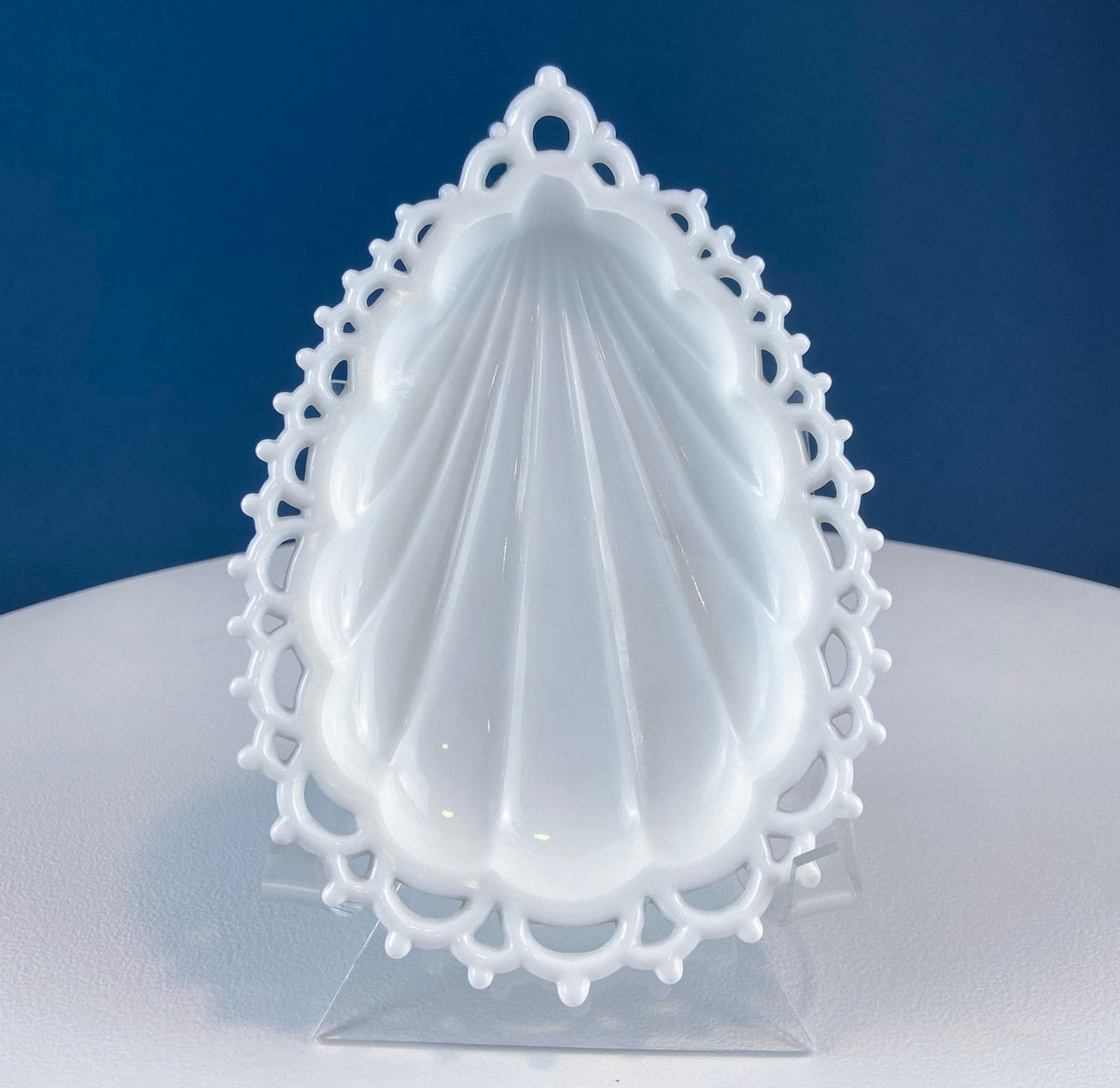 Milk Glass Teardrop Dishes with Lacy Brim, Pair