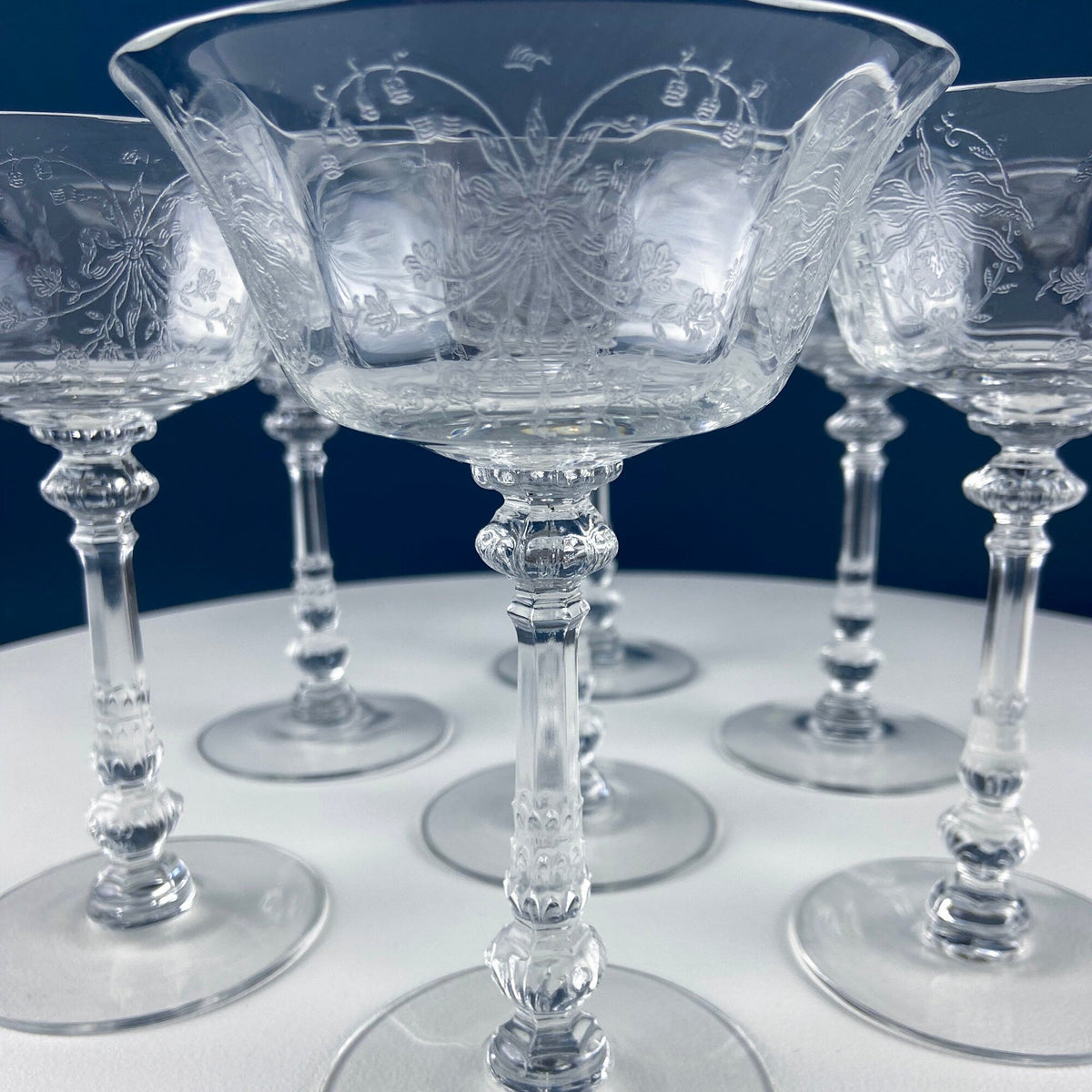 Heisey Orchid Etched Champagne Glasses, Set of 6