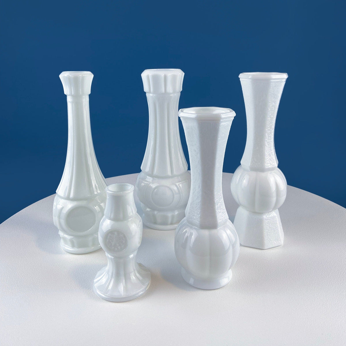 Milk Glass Vases with Coin Imprint, Set of 5