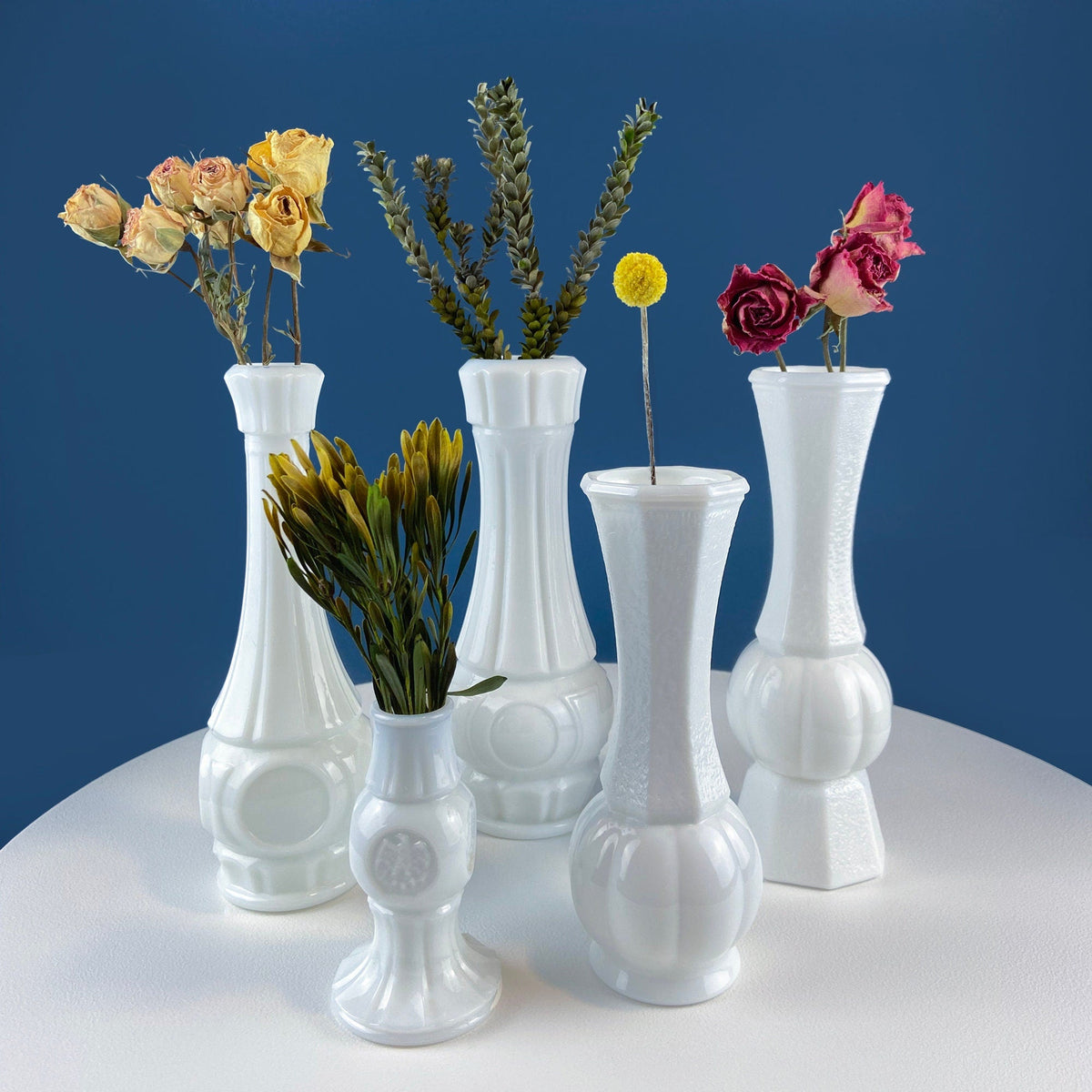 Milk Glass Vases with Coin Imprint, Set of 5