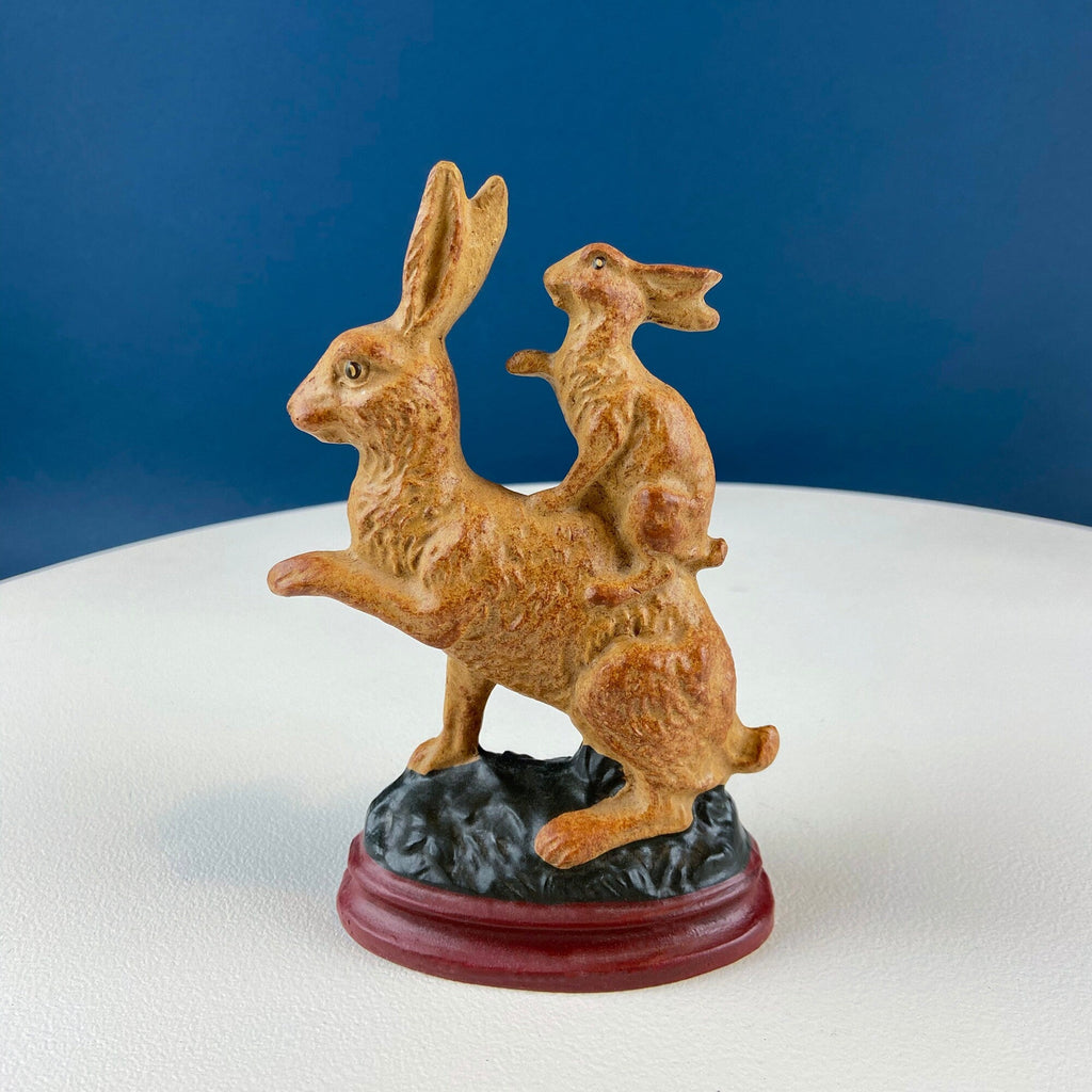 Hand-Painted Brown Bunny Figurine with Plaid Bow