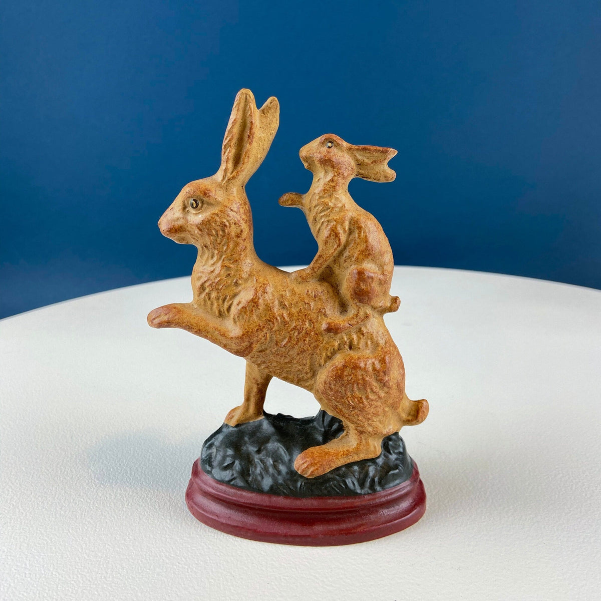 Hand-Painted Brown Bunny Figurine with Plaid Bow