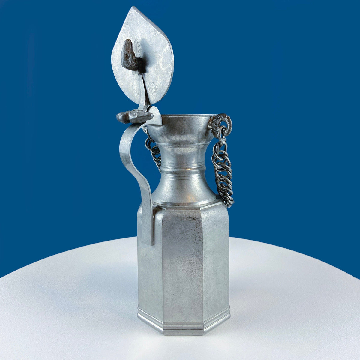 Swiss Aarau Pewter Tankard Jug with Ram Details
