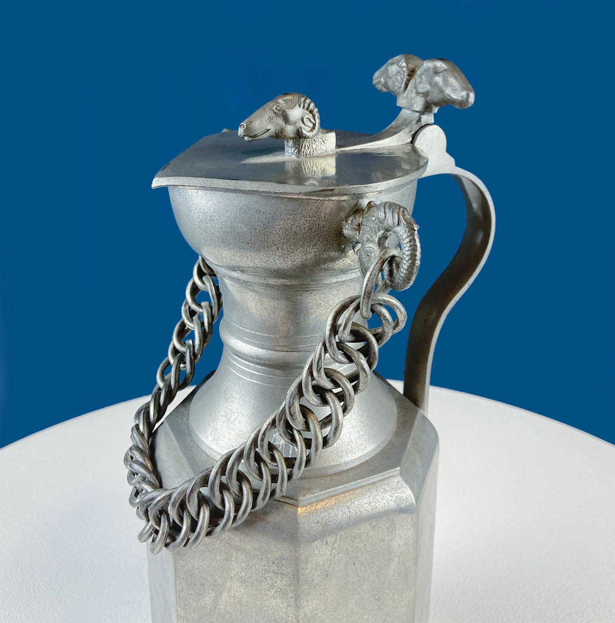 Swiss Aarau Pewter Tankard Jug with Ram Details