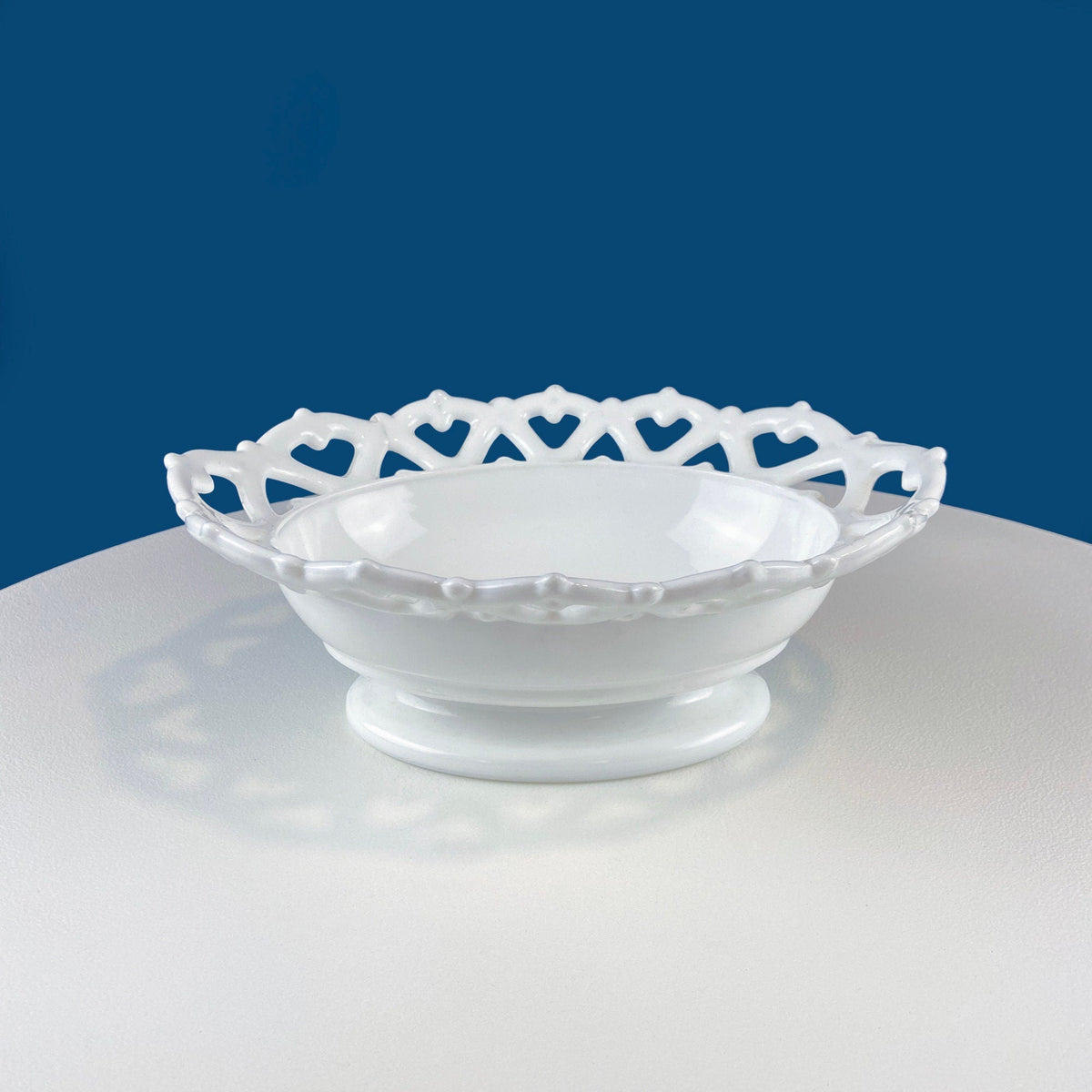 Milk Glass Oval Bowl with Lacy Reticulated Edge