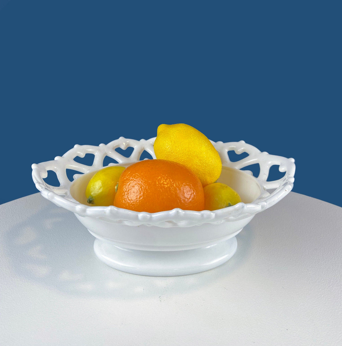 Milk Glass Oval Bowl with Lacy Reticulated Edge