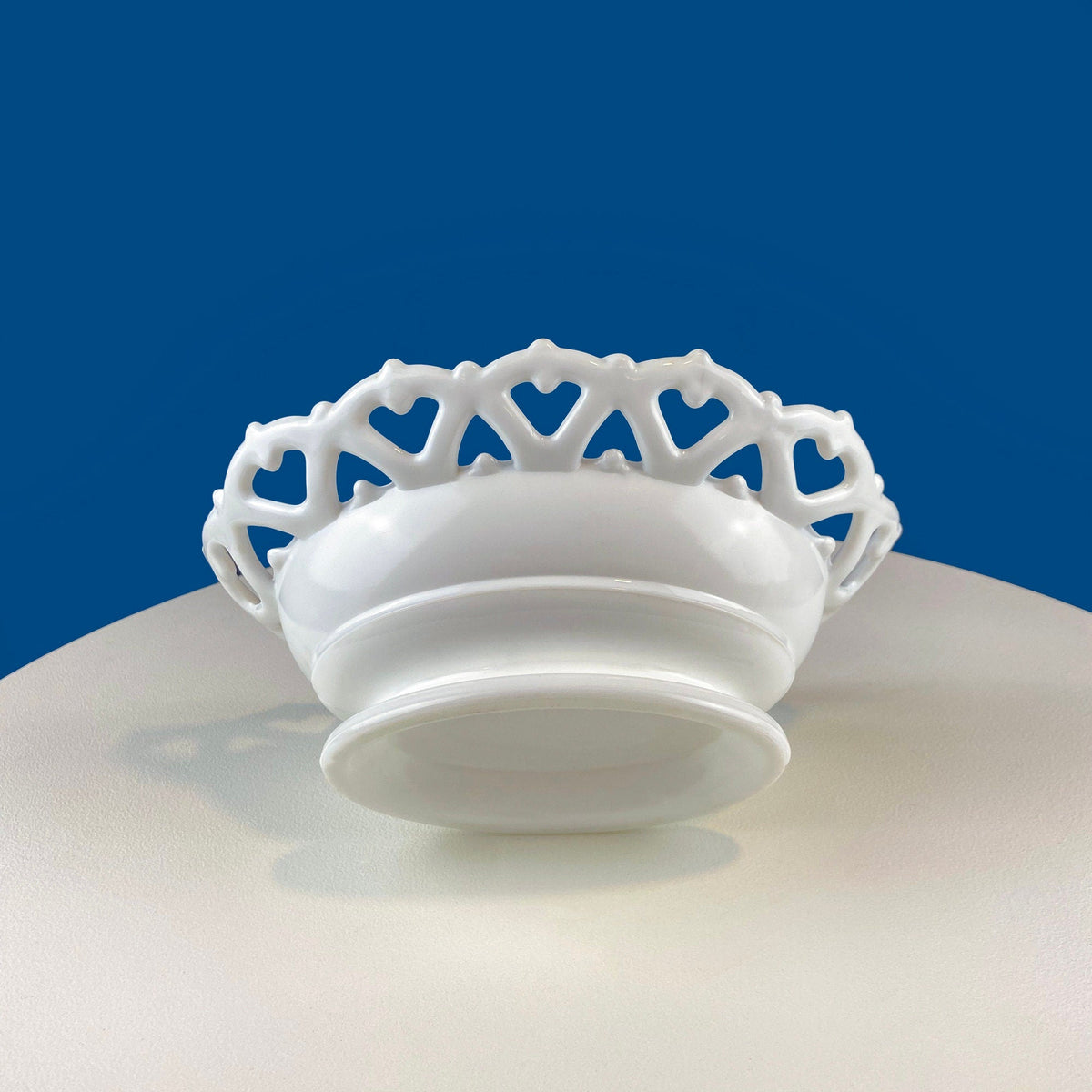 Milk Glass Oval Bowl with Lacy Reticulated Edge