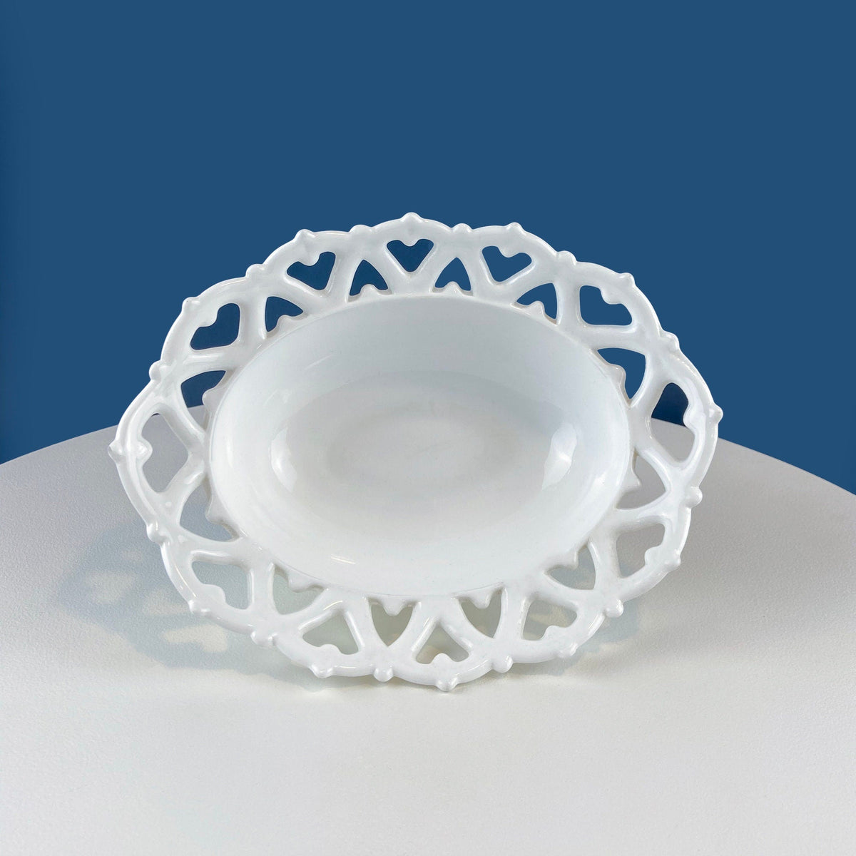 Milk Glass Oval Bowl with Lacy Reticulated Edge