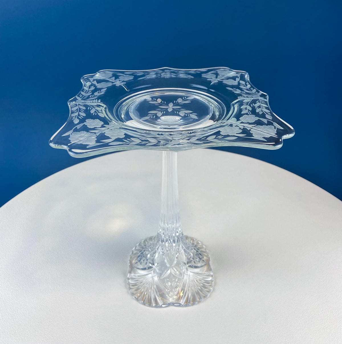Tall Etched Crystal Footed Compote, Floral & Geometric