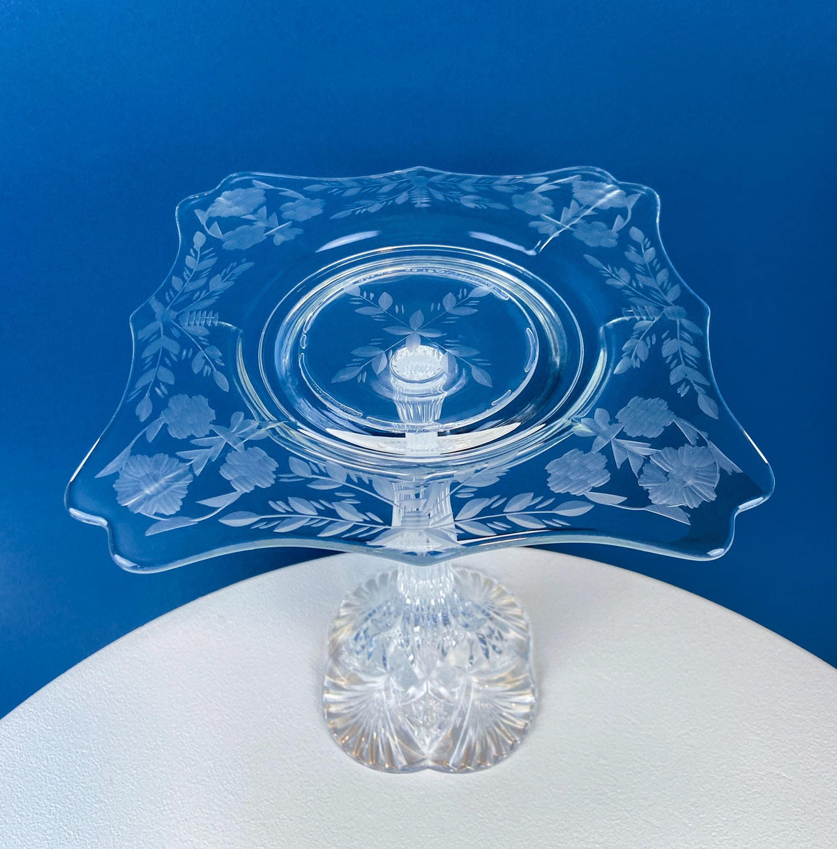 Tall Etched Crystal Footed Compote, Floral & Geometric