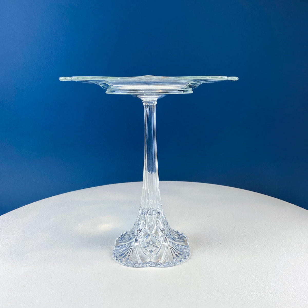 Tall Etched Crystal Footed Compote, Floral & Geometric