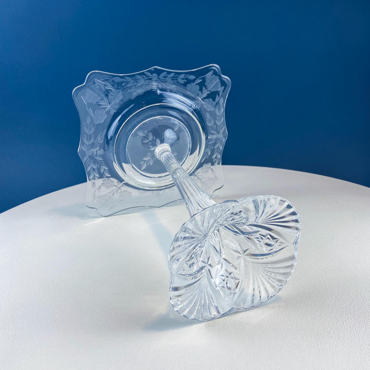 Tall Etched Crystal Footed Compote, Floral & Geometric