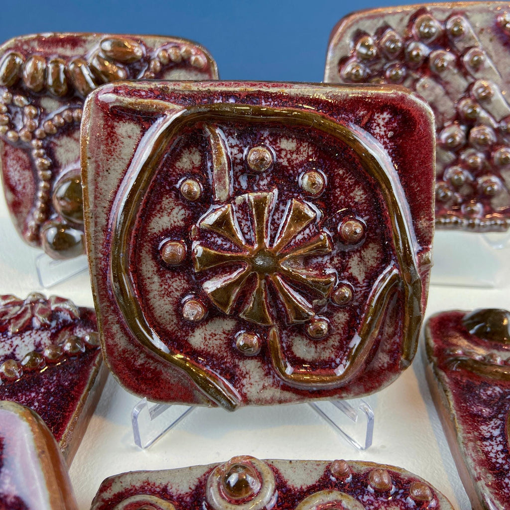 Handmade 3D Dark Red Glazed Art Tiles, Set of 7