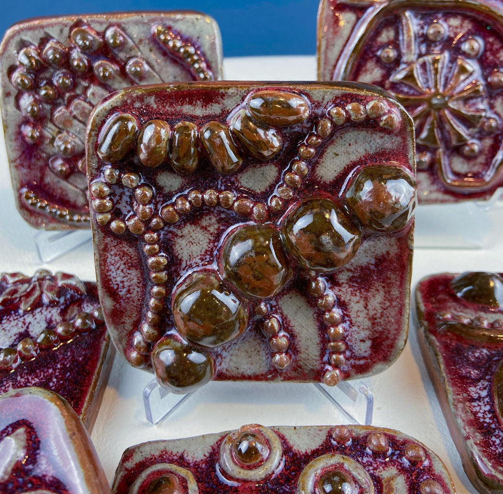 Handmade 3D Dark Red Glazed Art Tiles, Set of 7