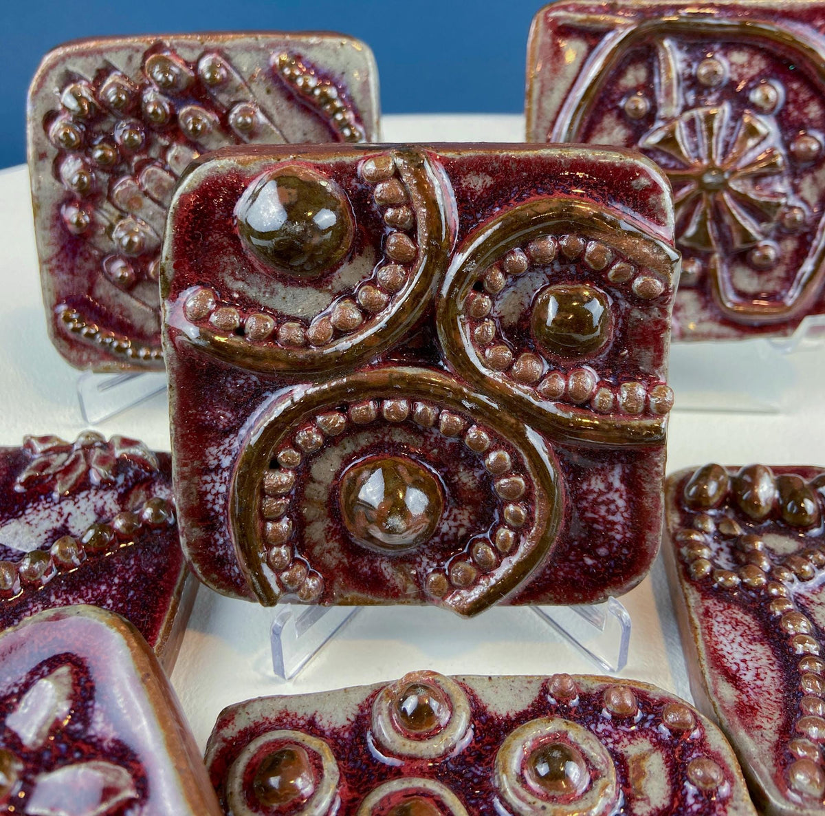 Handmade 3D Dark Red Glazed Art Tiles, Set of 7