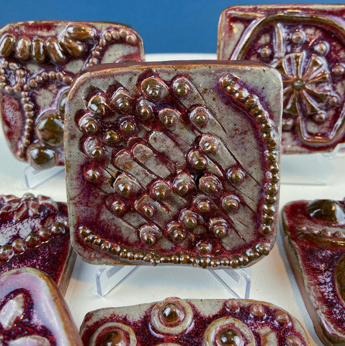 Handmade 3D Dark Red Glazed Art Tiles, Set of 7