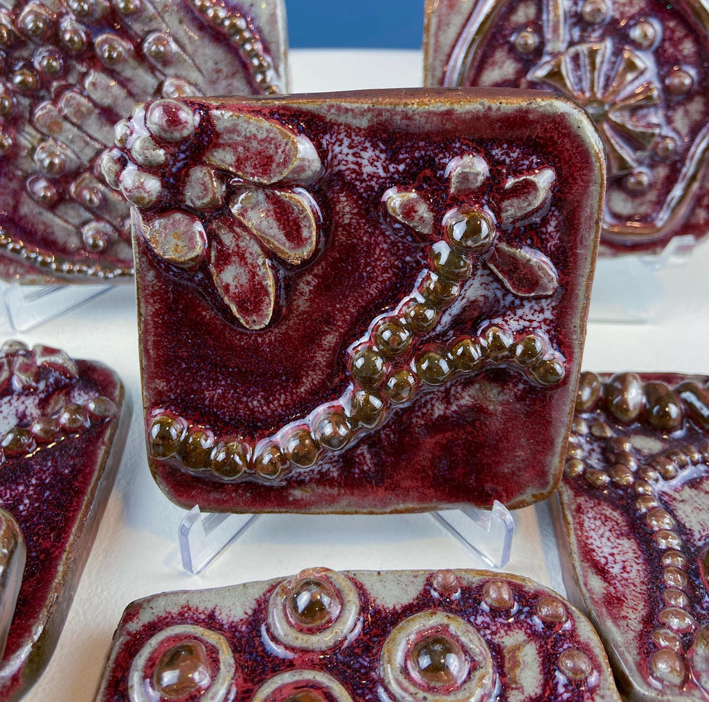 Handmade 3D Dark Red Glazed Art Tiles, Set of 7