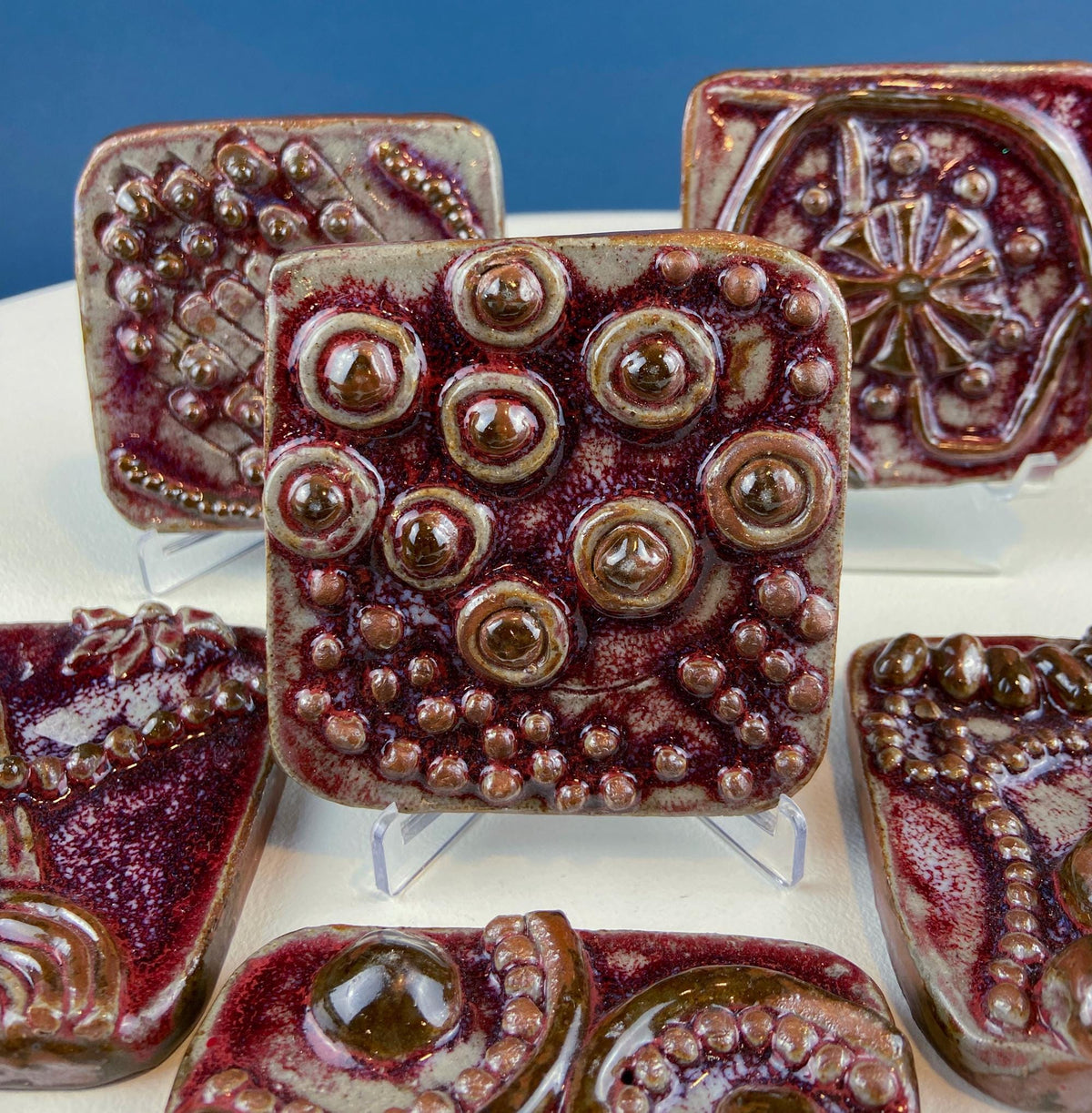 Handmade 3D Dark Red Glazed Art Tiles, Set of 7