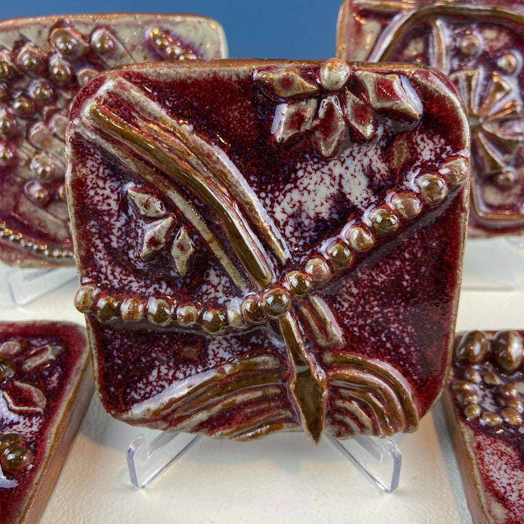 Handmade 3D Dark Red Glazed Art Tiles, Set of 7