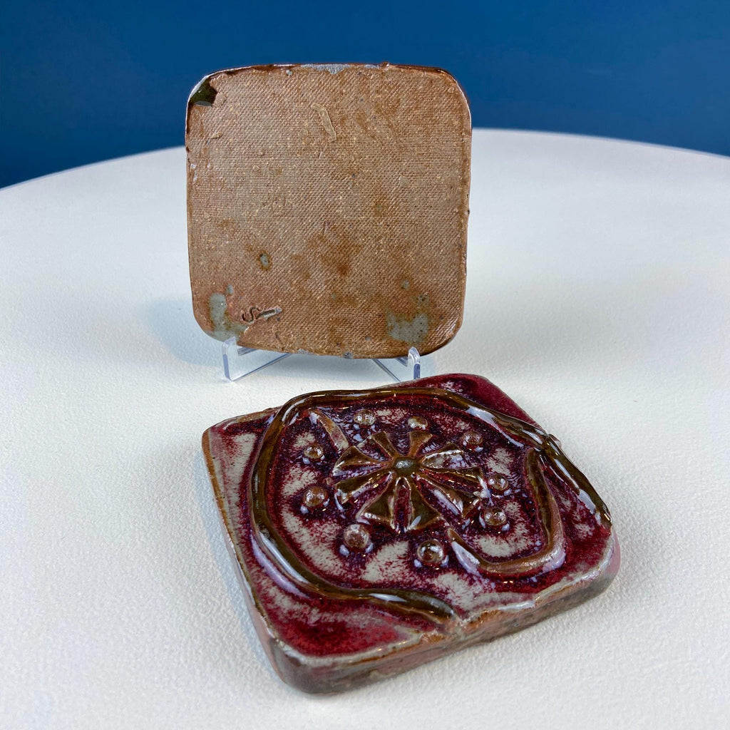 Handmade 3D Dark Red Glazed Art Tiles, Set of 7