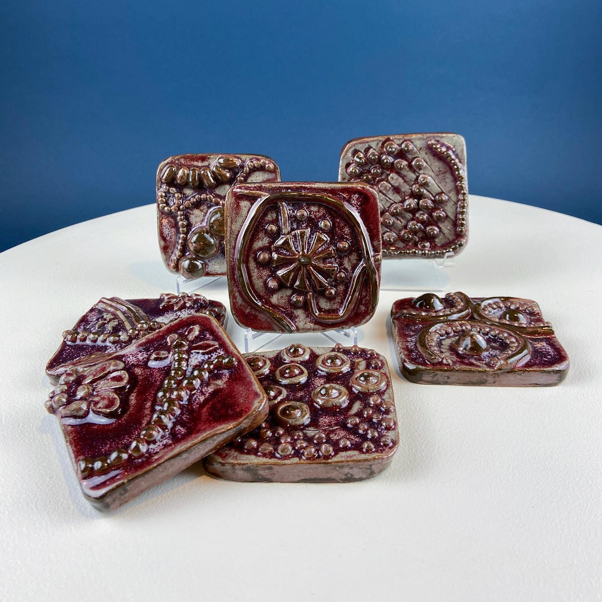 Handmade 3D Dark Red Glazed Art Tiles, Set of 7